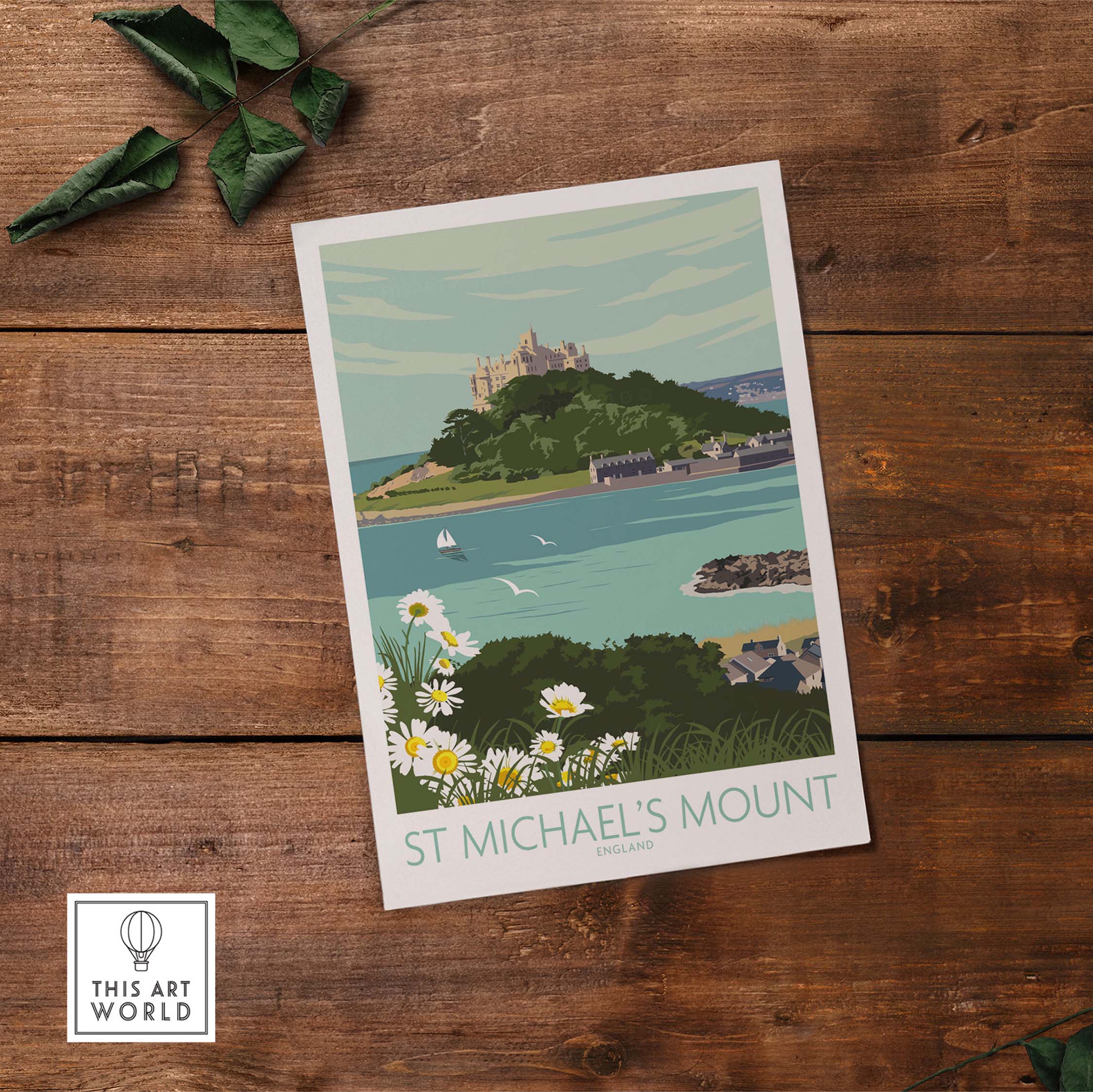 Vintage-style Cornwall print of St Michael's Mount with coastal scenery and daisies, perfect for home decor.
