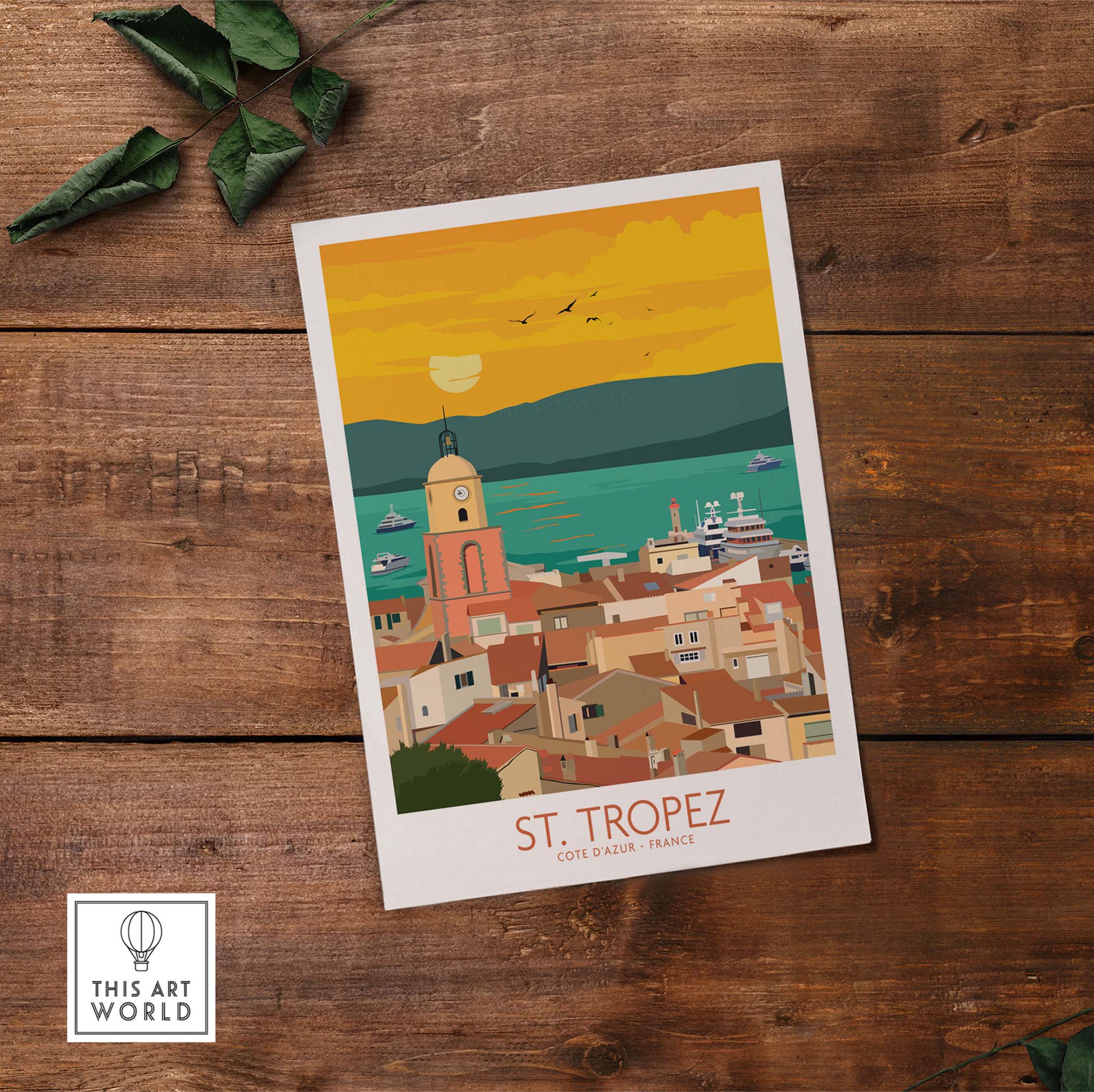 St Tropez poster print showcasing vintage travel art of the Cote d'Azur, perfect for home or office decor.