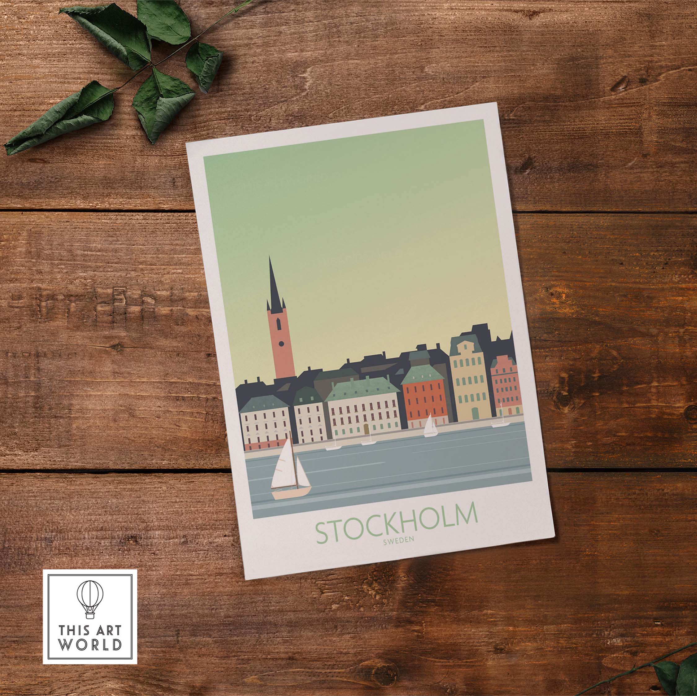 Stockholm Print Sweden Poster showcasing vibrant cityscape with sailboat, inspired by vintage travel art for home decor.