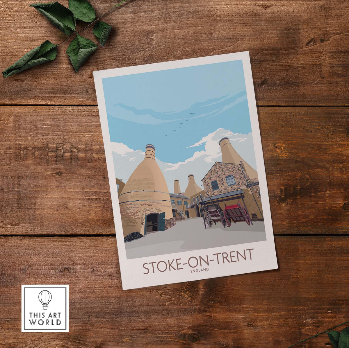 Stoke on Trent vintage travel poster print showcasing iconic pottery industry with blue skies.