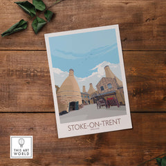 Stoke on Trent vintage travel poster print showcasing iconic pottery industry with blue skies.