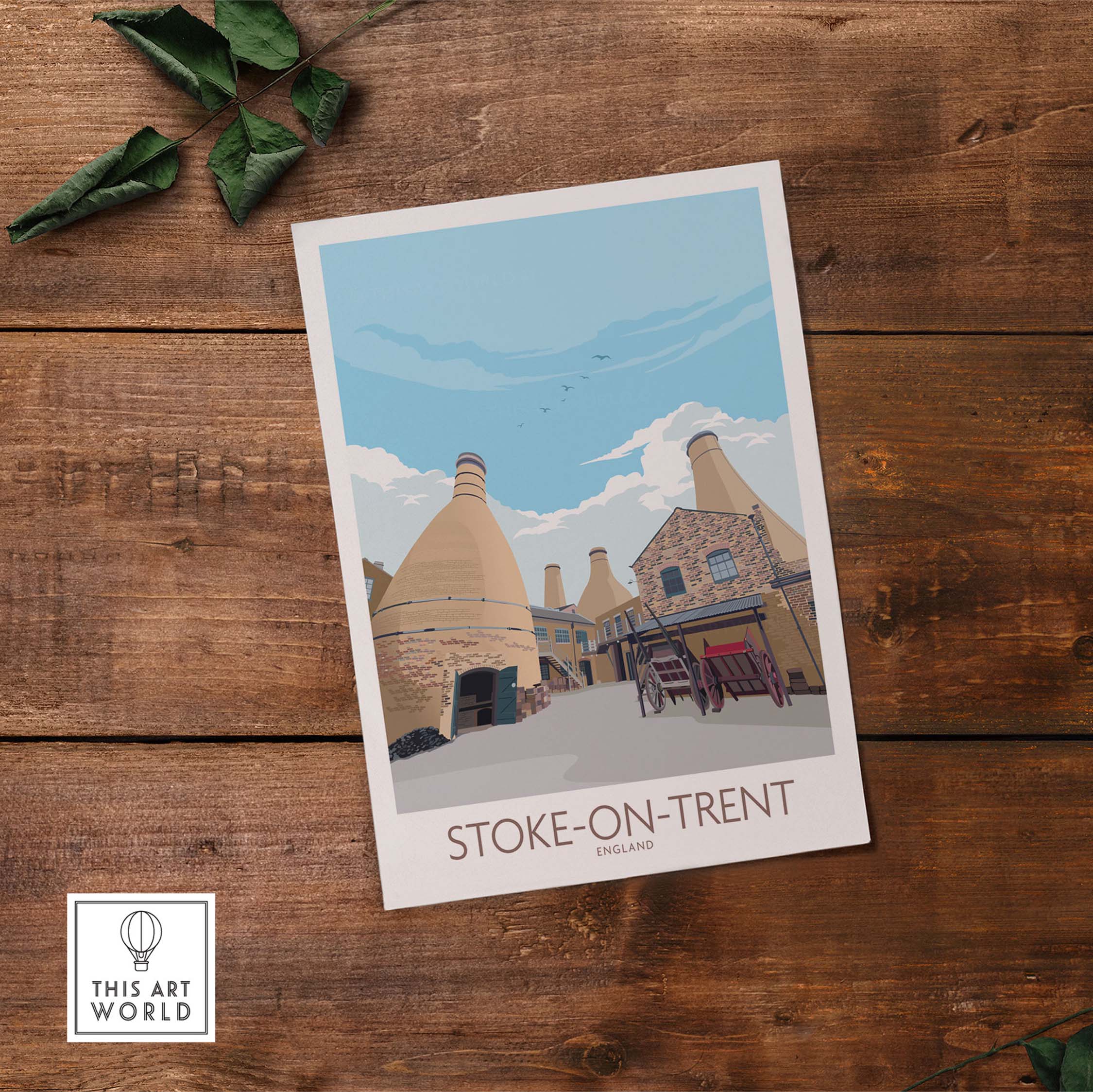 Stoke on Trent vintage travel poster print showcasing iconic pottery industry with blue skies.