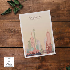 Sydney city skyline print showcasing the iconic Sydney Opera House and Harbour Bridge in warm pastel tones.