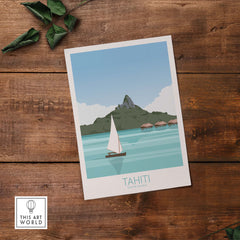Tahiti Art Print Travel Poster featuring a sailboat and lush mountain scenery in the South Pacific.