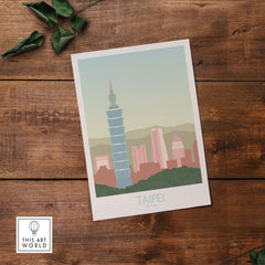 Taipei Print Taiwan Travel Poster featuring Taipei 101 on a vintage-style design for home decor.