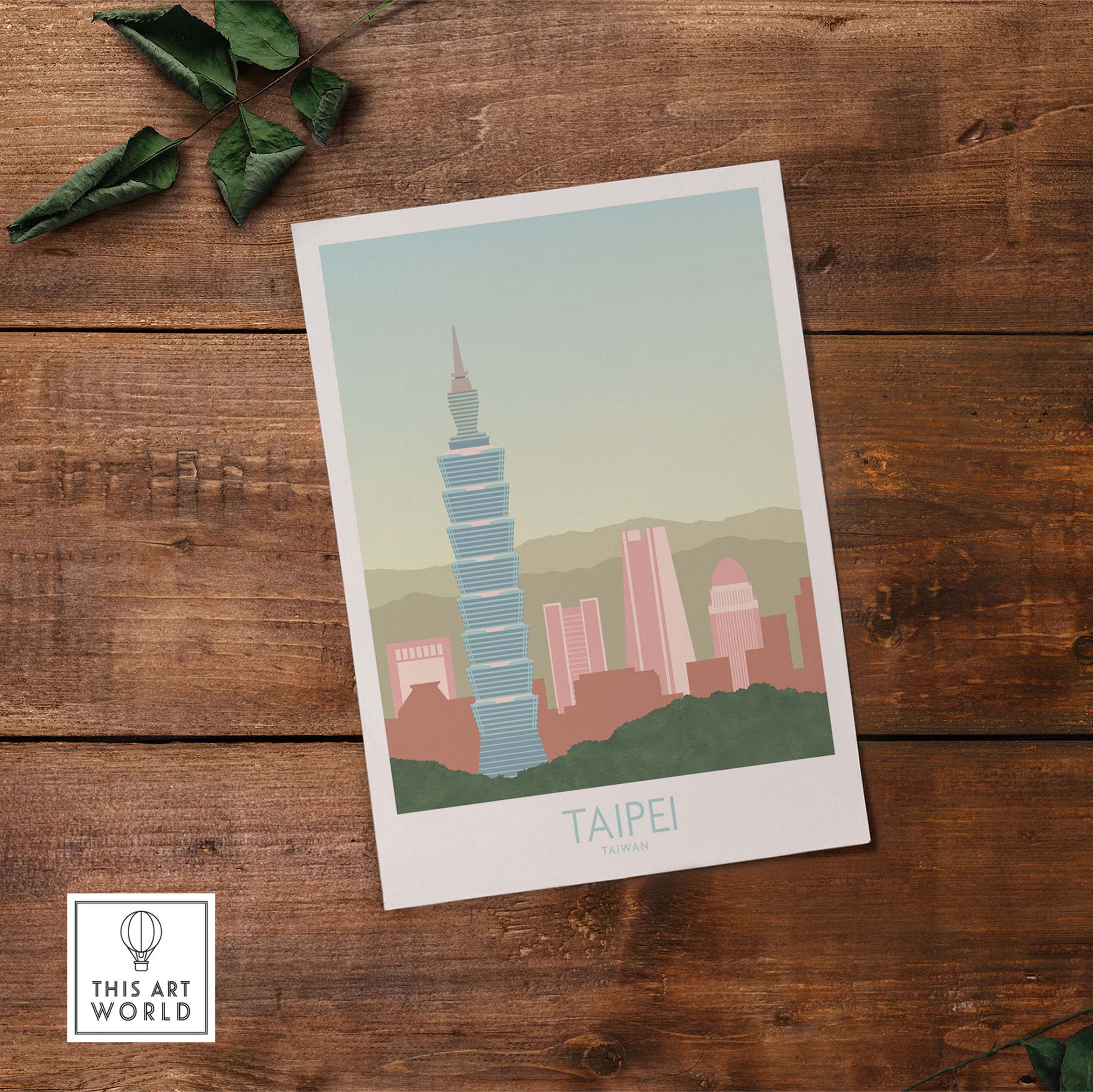 Taipei Print Taiwan Travel Poster featuring Taipei 101 on a vintage-style design for home decor.