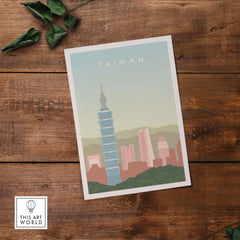 Taiwan poster print showcasing Taipei 101 against a pastel backdrop, perfect for travel enthusiasts and home decor.