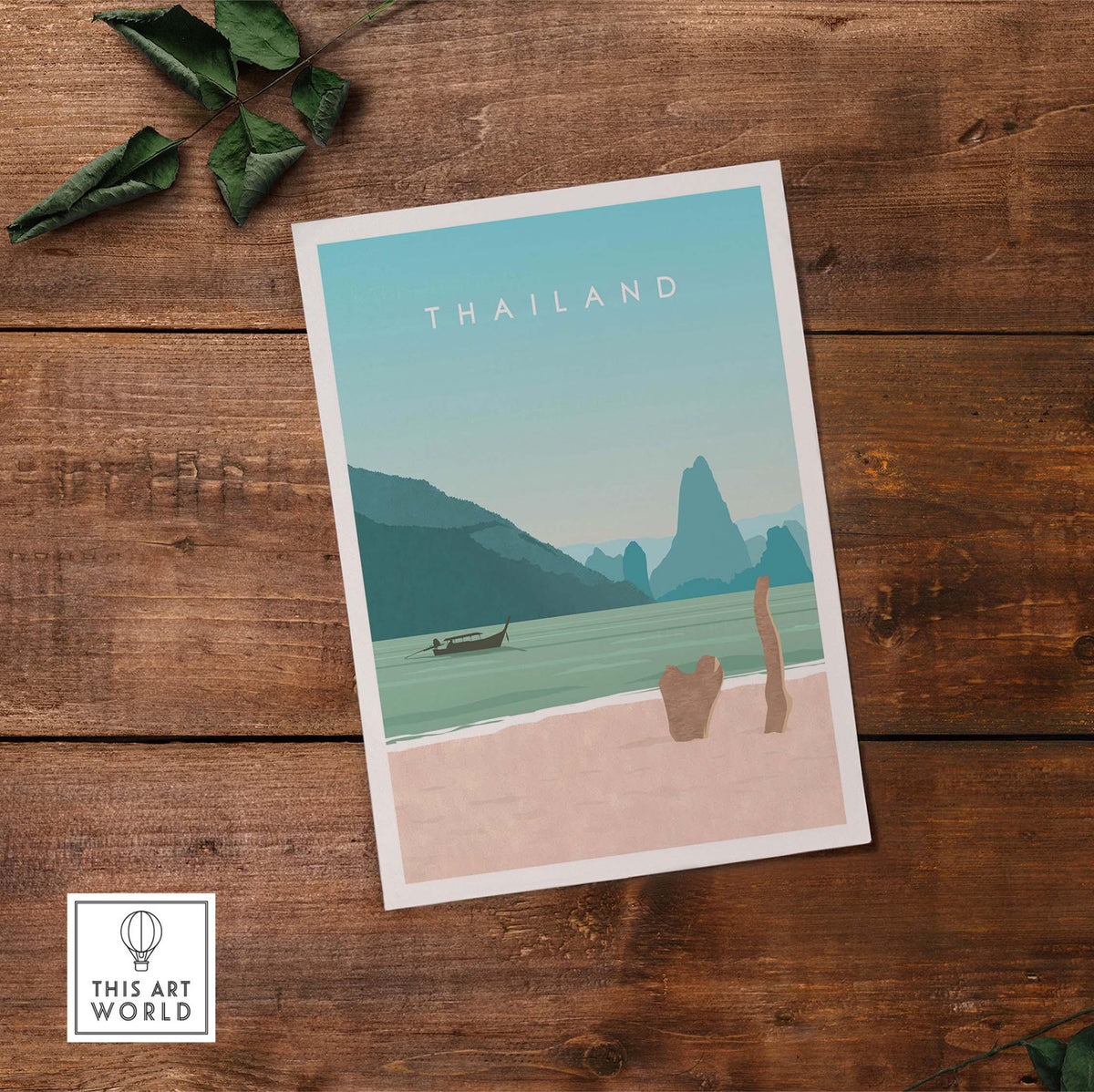 Thailand vintage travel poster art print featuring beach scene, mountains, and calm waters for home decor.