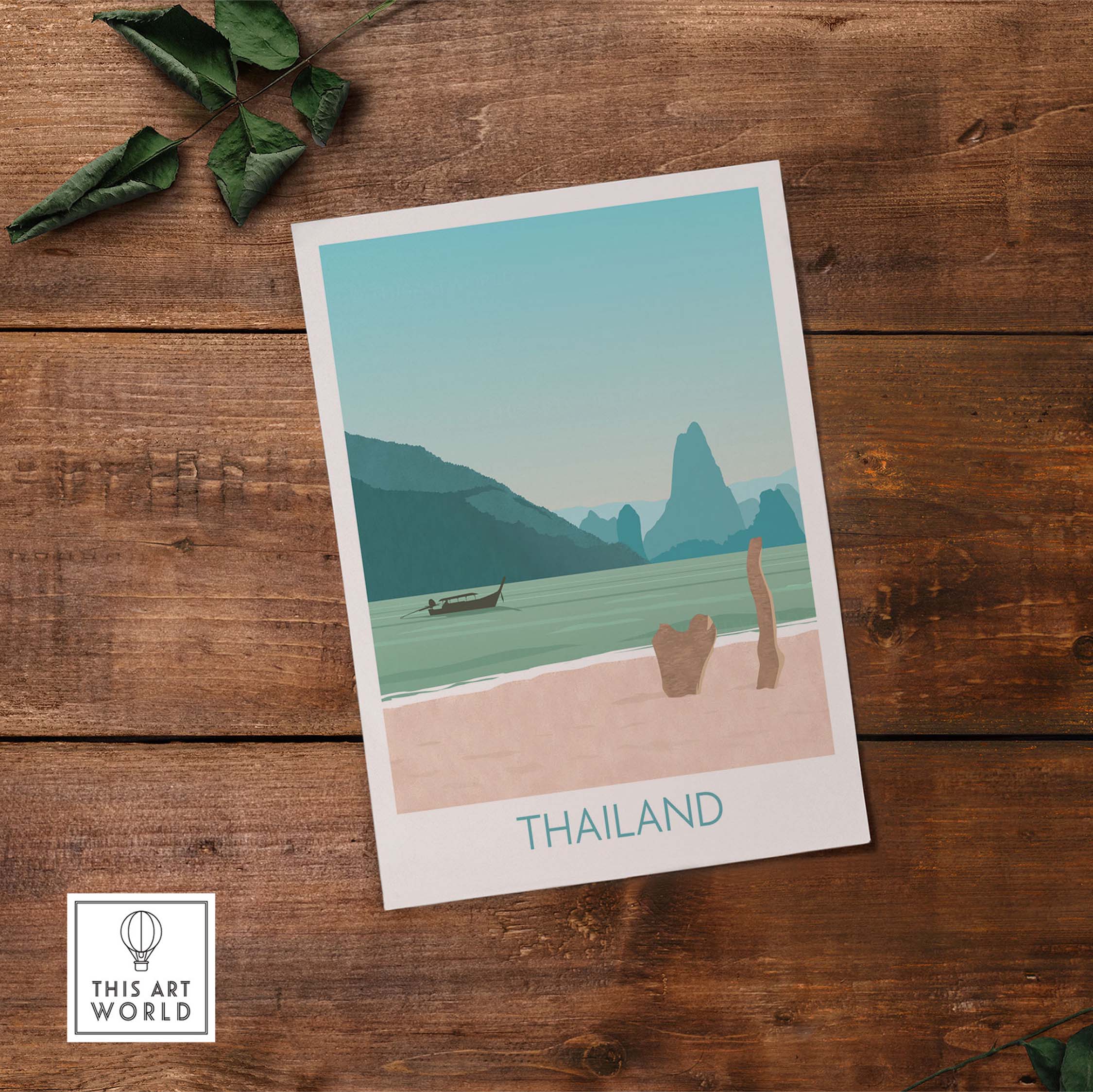 Thailand print travel poster featuring a serene tropical beach and mountains, perfect for wanderlust decor.