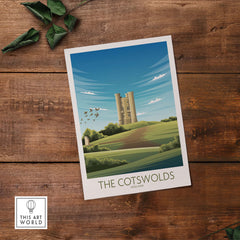 Vintage travel poster of The Cotswolds, showcasing green hills and a castle, perfect for stylish home decor.