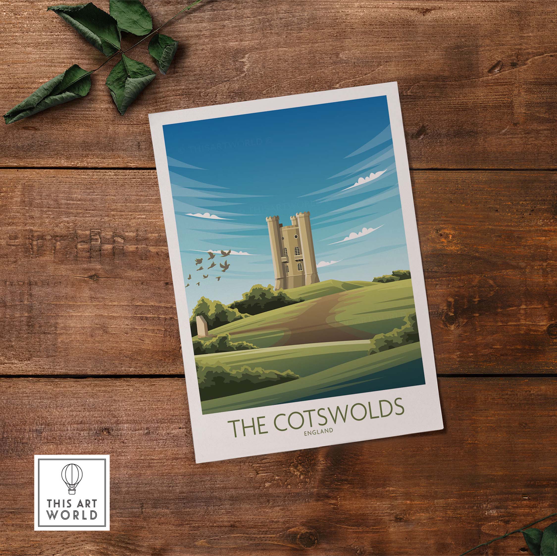 Vintage travel poster of The Cotswolds, showcasing green hills and a castle, perfect for stylish home decor.