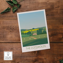 Cotswolds England travel poster featuring lush landscapes and a quaint cottage, vintage-inspired wall art.