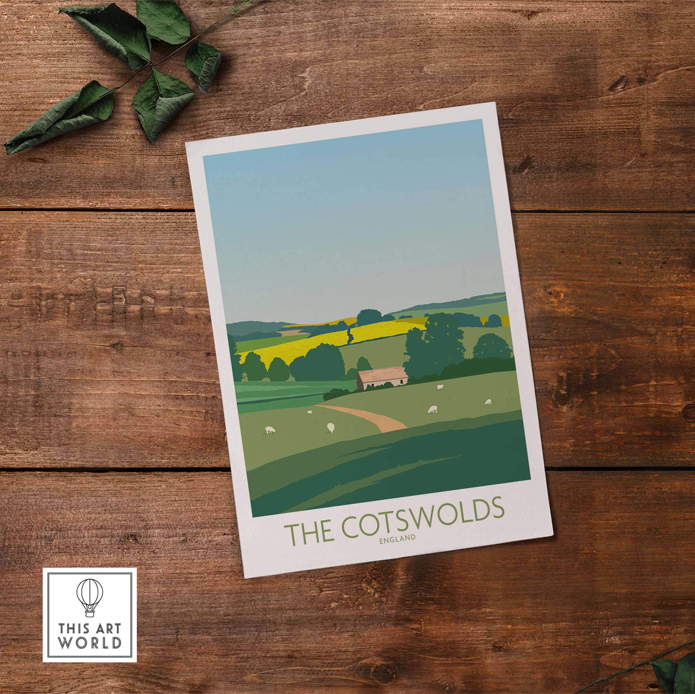 Cotswolds England travel poster featuring lush landscapes and a quaint cottage, vintage-inspired wall art.