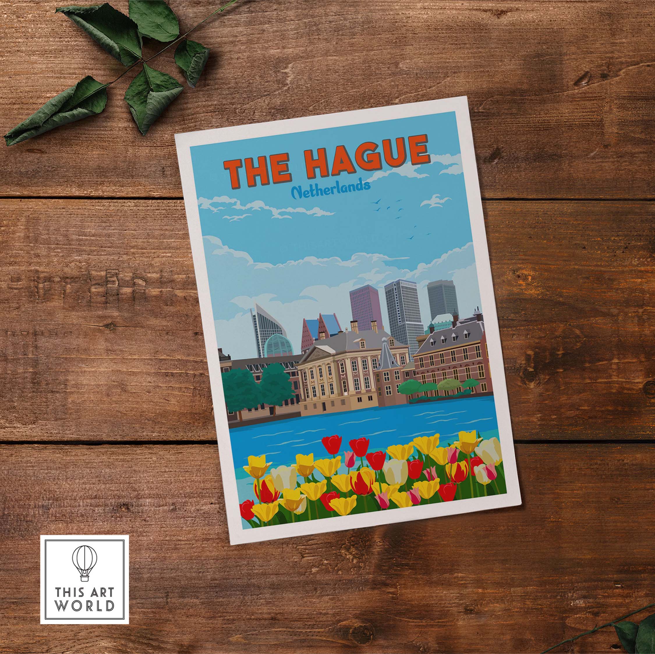 The Hague Netherlands wall art print featuring tulips and city skyline in a vintage style