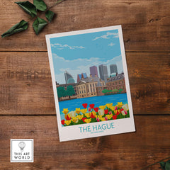 The Hague Netherlands vintage travel poster featuring tulips and city skyline in minimalist style.