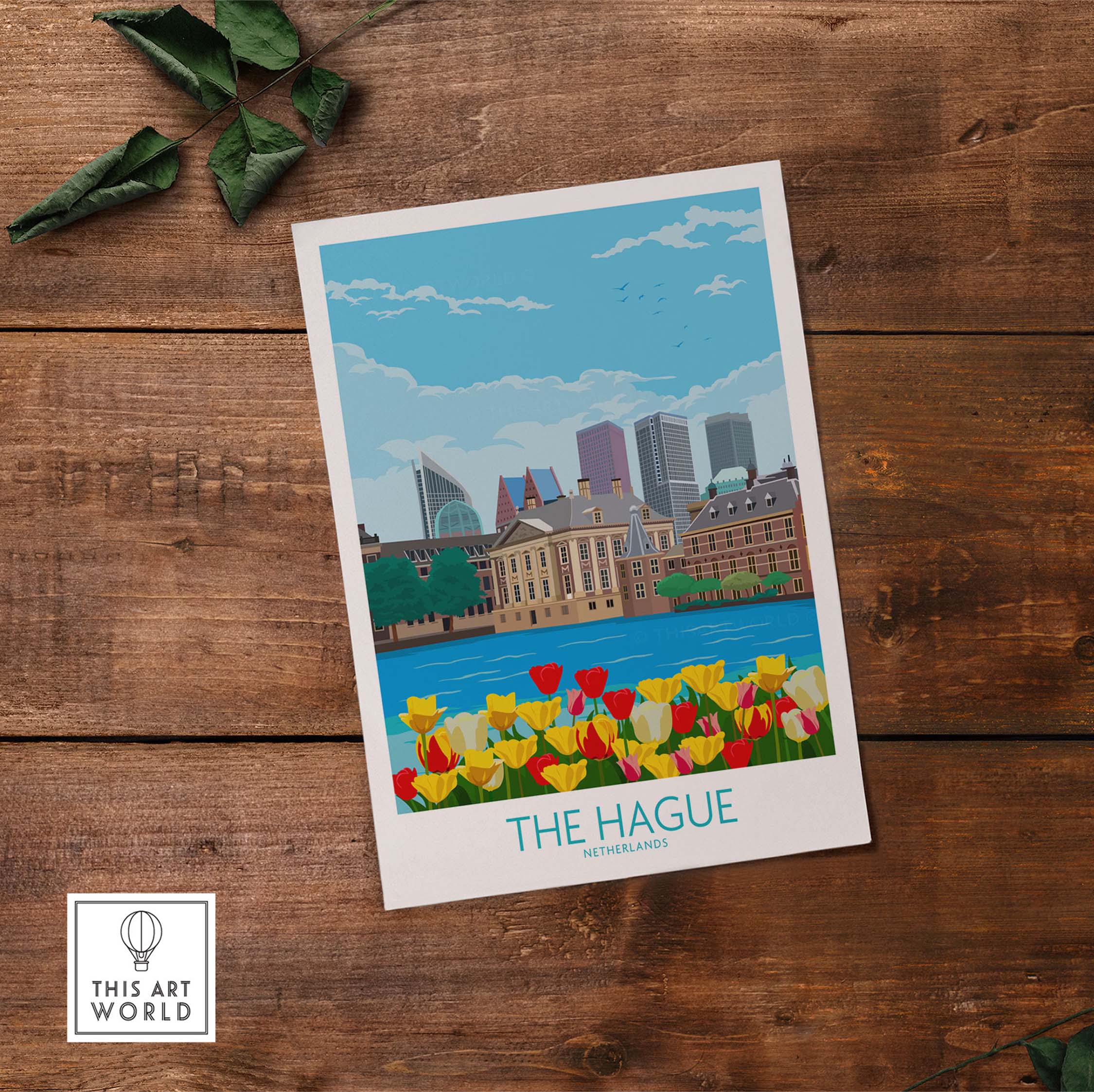 The Hague Netherlands vintage travel poster featuring tulips and city skyline in minimalist style.