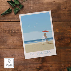 The Hamptons Wall Art New York travel poster featuring a minimalist beach scene with a lifeguard stand and seagulls.