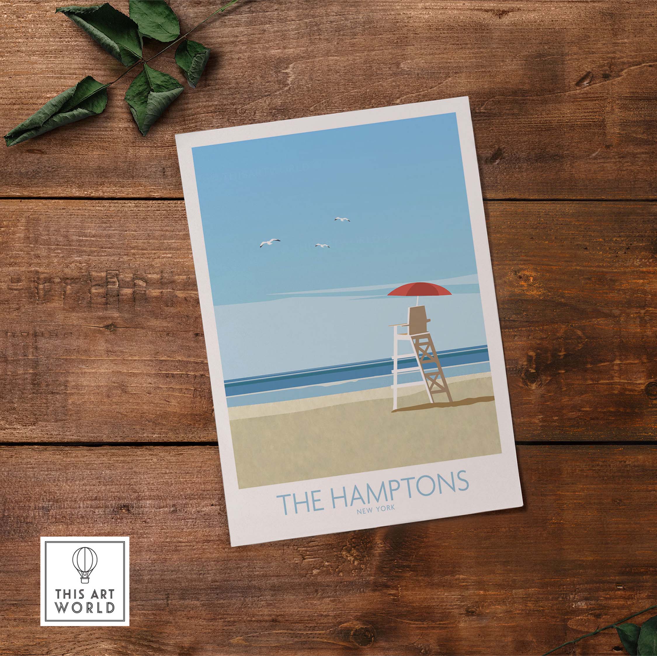 The Hamptons Wall Art New York travel poster featuring a minimalist beach scene with a lifeguard stand and seagulls.
