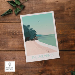 Philippines Print Travel Poster showcasing a serene beach scene with palm trees and a pier, perfect for wanderlust decor.