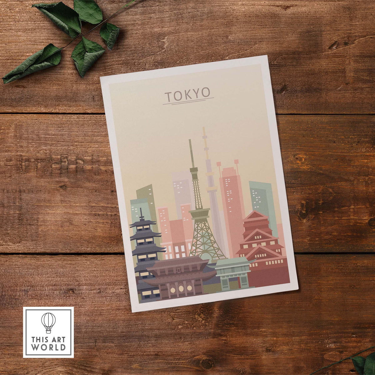 Tokyo skyline poster showcasing iconic architecture in pastel tones, perfect for wall art decor.
