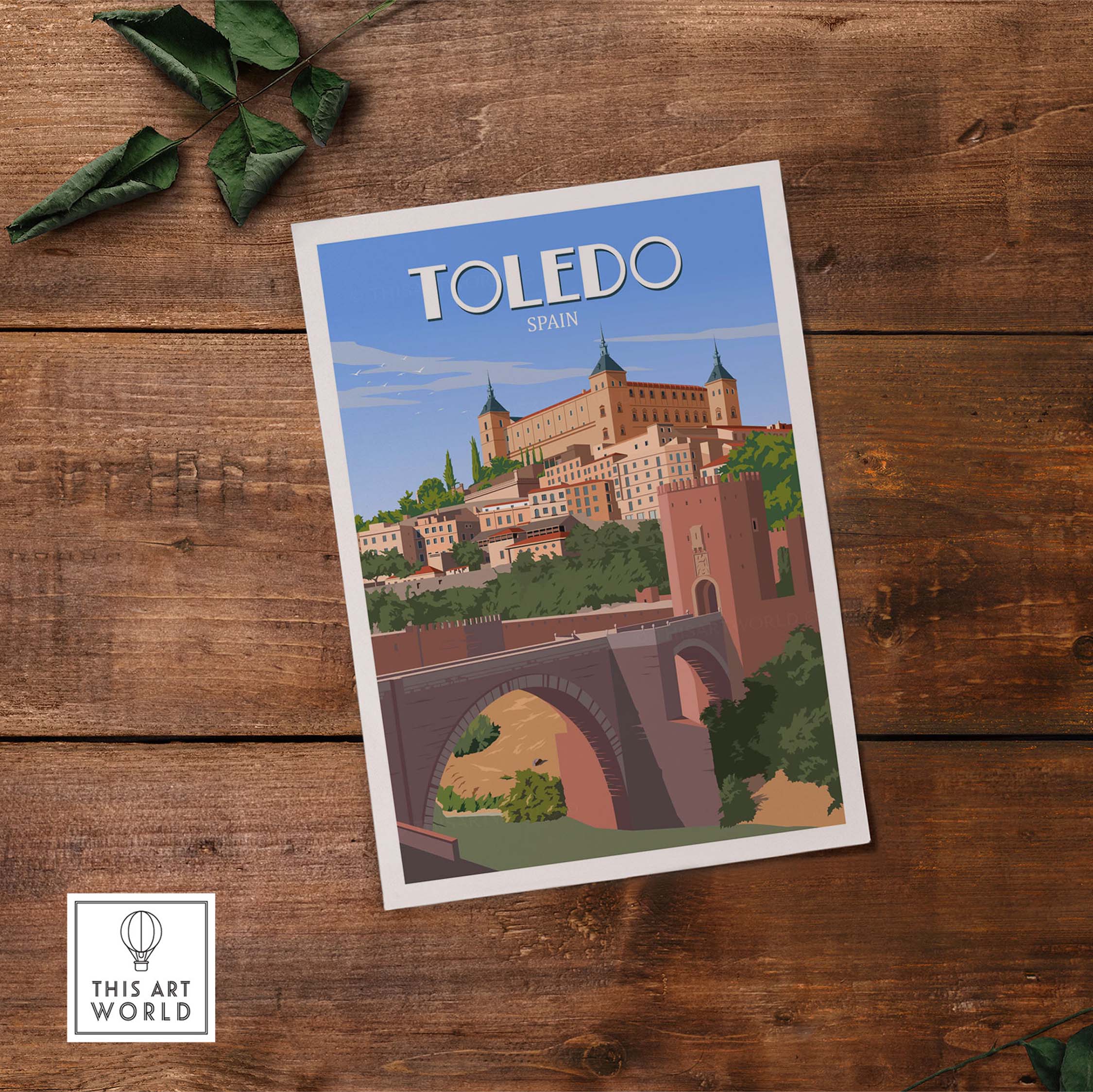 Toledo Spain vintage travel poster art print showcasing the scenic cityscape and architecture on a wooden background.