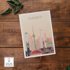 Toronto skyline print showcasing iconic architecture in warm pastel tones, perfect for stylish wall art.