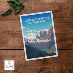 Torres del Paine National Park travel poster print featuring scenic mountains and wildlife.