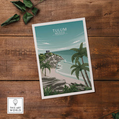 Tulum Wall Art Mexico featuring a minimalist illustration of the beach and palm trees, perfect for home decor.