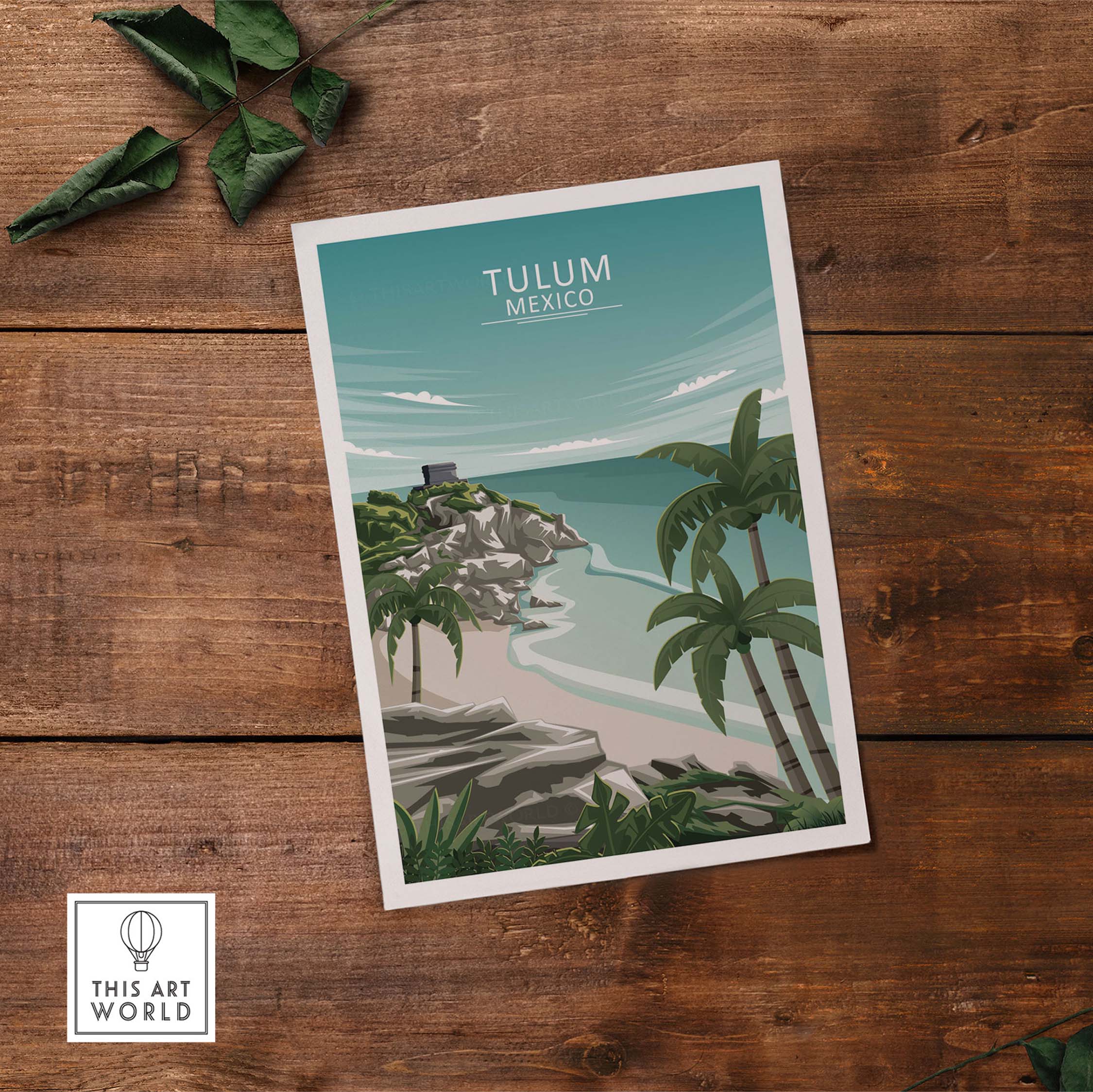 Tulum Wall Art Mexico featuring a minimalist illustration of the beach and palm trees, perfect for home decor.