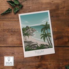 Tulum Art Print Mexico Travel Poster featuring a beach scene with palm trees and vintage design.