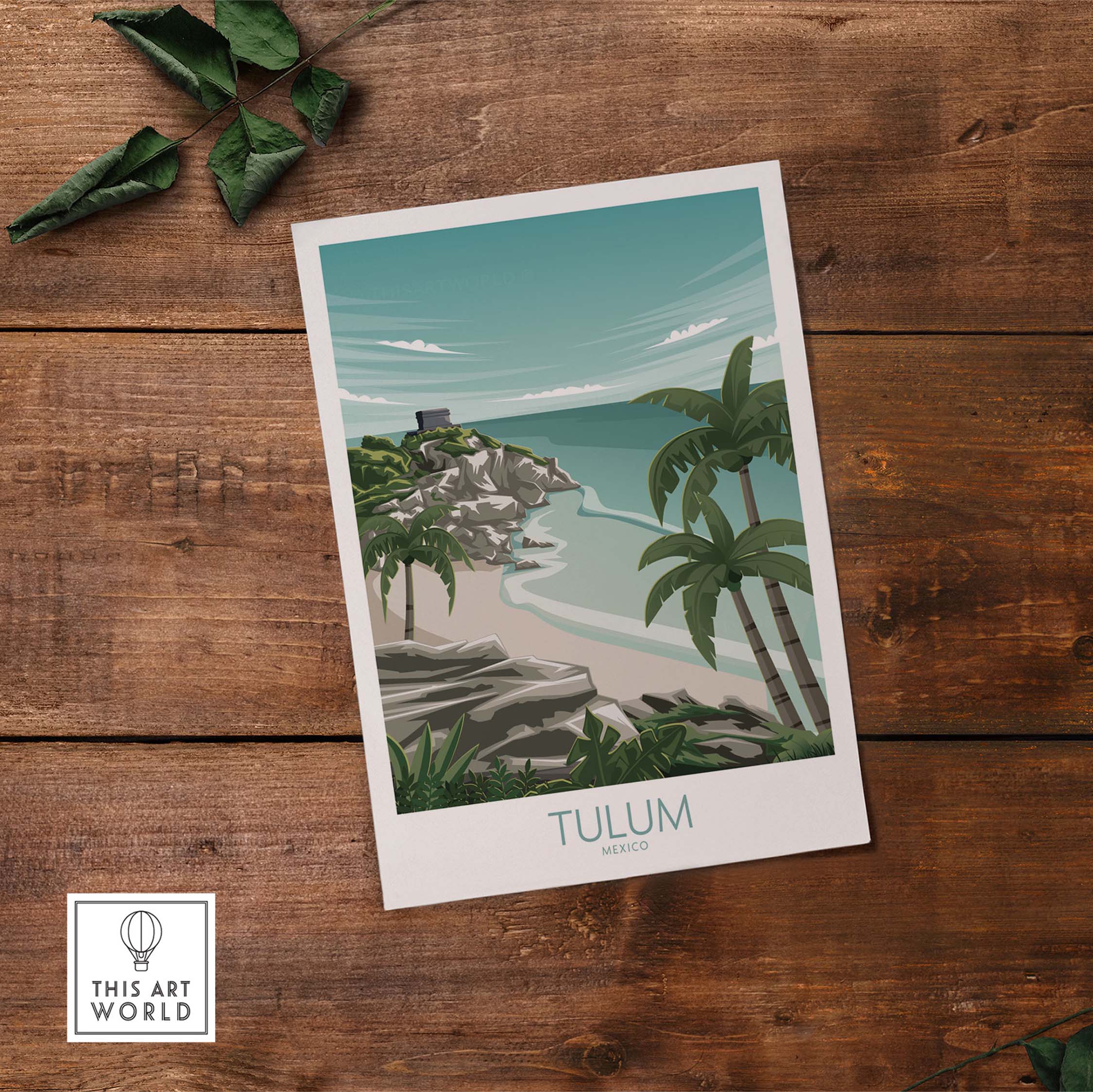 Tulum Art Print Mexico Travel Poster featuring a beach scene with palm trees and vintage design.