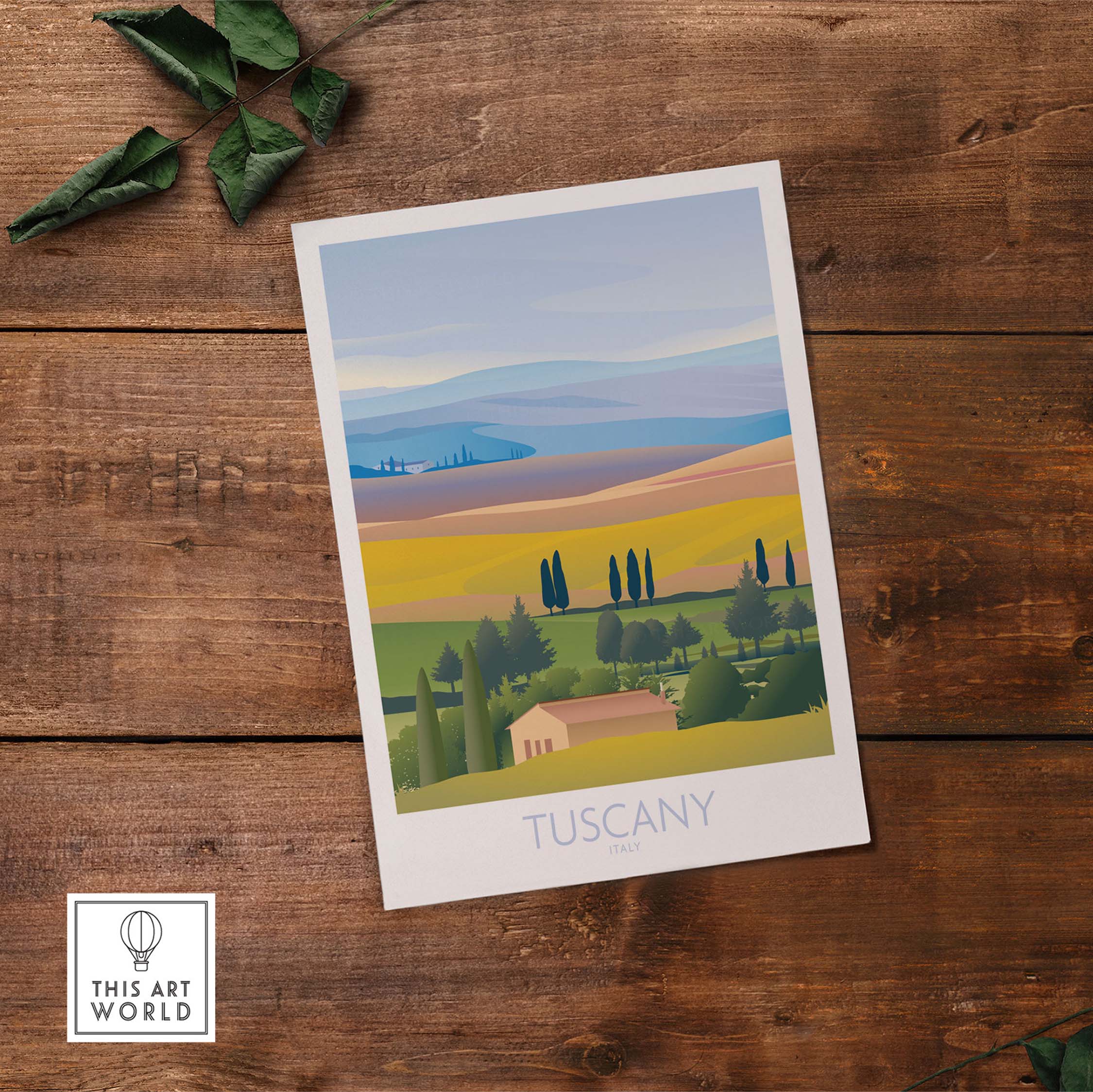Tuscany wall art print featuring a colorful landscape, perfect for travel-inspired home decor.