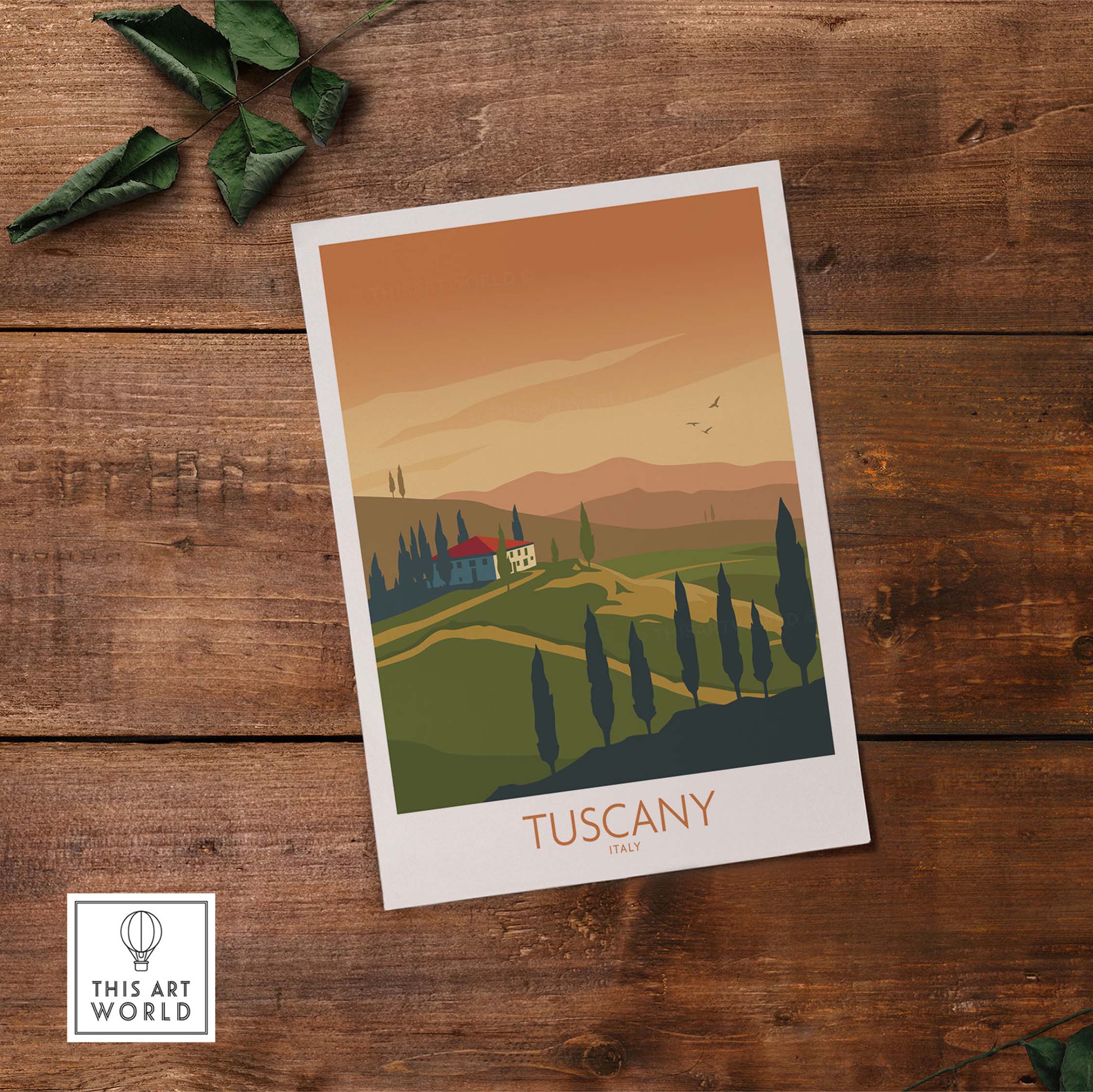 Tuscany poster print featuring rolling hills and a vintage design, ideal for home or office decor inspired by Italy.