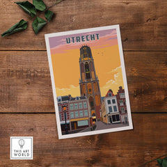 Utrecht print featuring the iconic Dom Tower against a colorful sunset, ideal for home decor and travel enthusiasts.