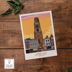 Utrecht Print Poster featuring a vintage-inspired illustration of the cityscape at sunset.