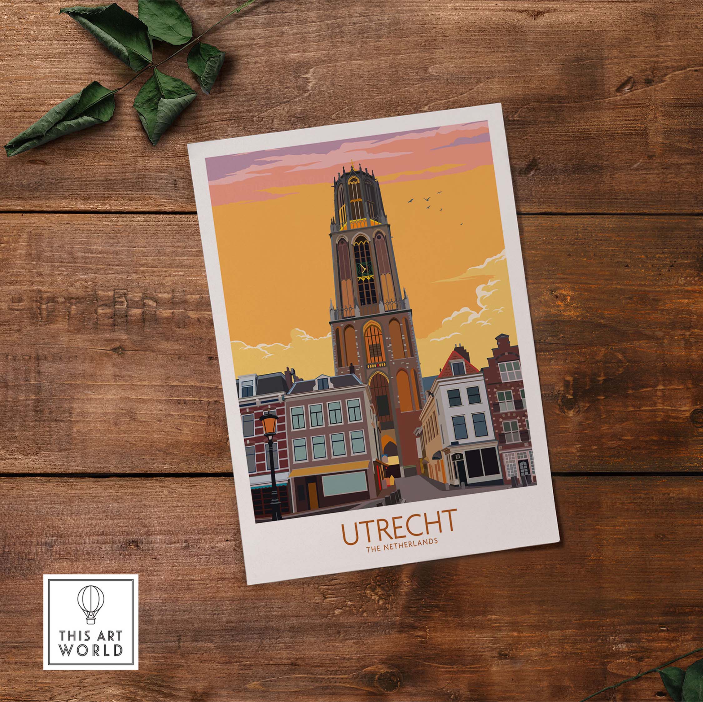 Utrecht Print Poster featuring a vintage-inspired illustration of the cityscape at sunset.