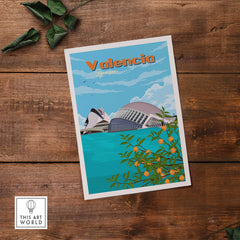 Valencia Wall Art Print featuring iconic architecture and orange trees, celebrating Spain's vibrant culture.