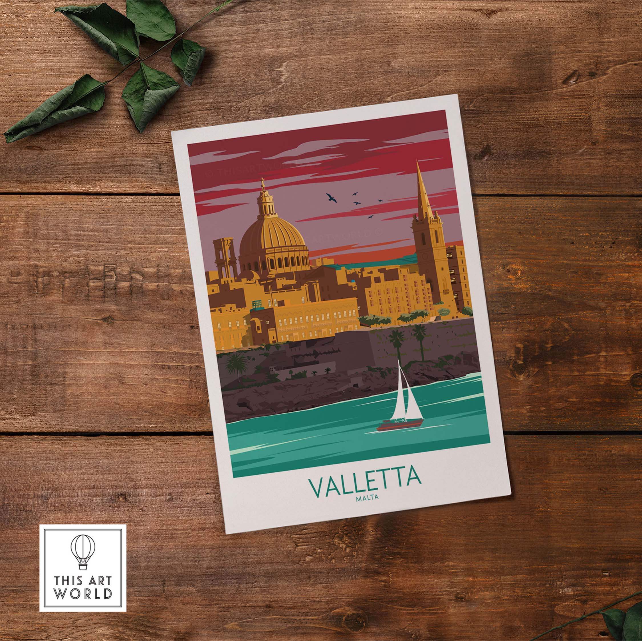 Valletta Print Malta Poster featuring a vintage style illustration of Valletta's skyline and harbor.
