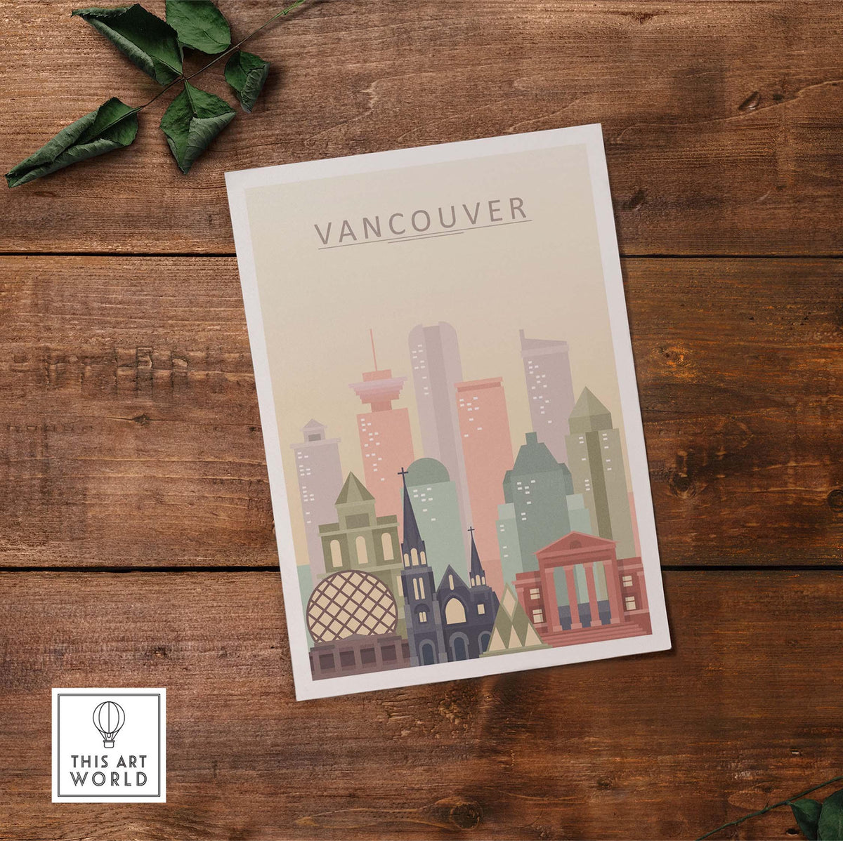 Vancouver City Print wall art showcasing iconic architecture in warm pastel tones, perfect for home decor.