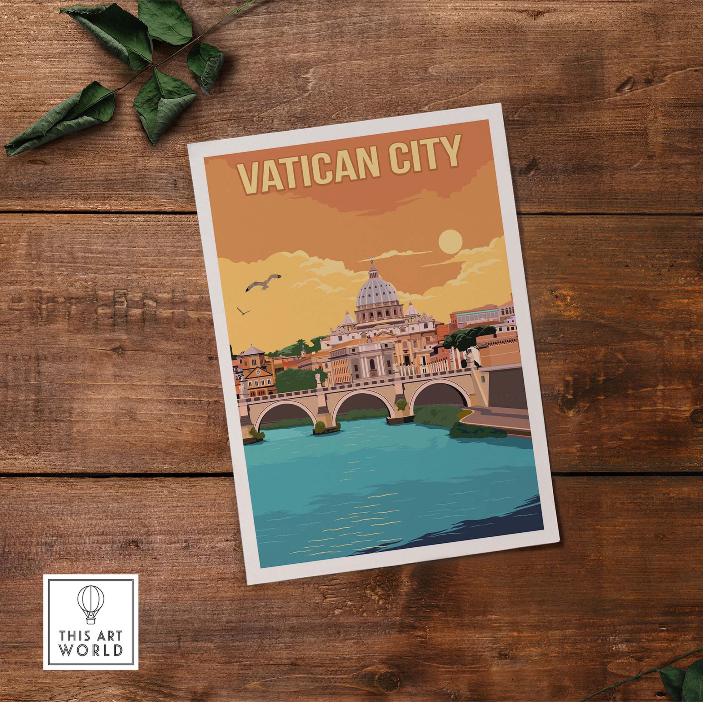 Vatican City Print capturing the iconic skyline in a retro travel poster style for home or office decor.