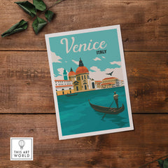 Vintage-inspired Venice poster wall art print featuring iconic architecture and a gondola on the water.