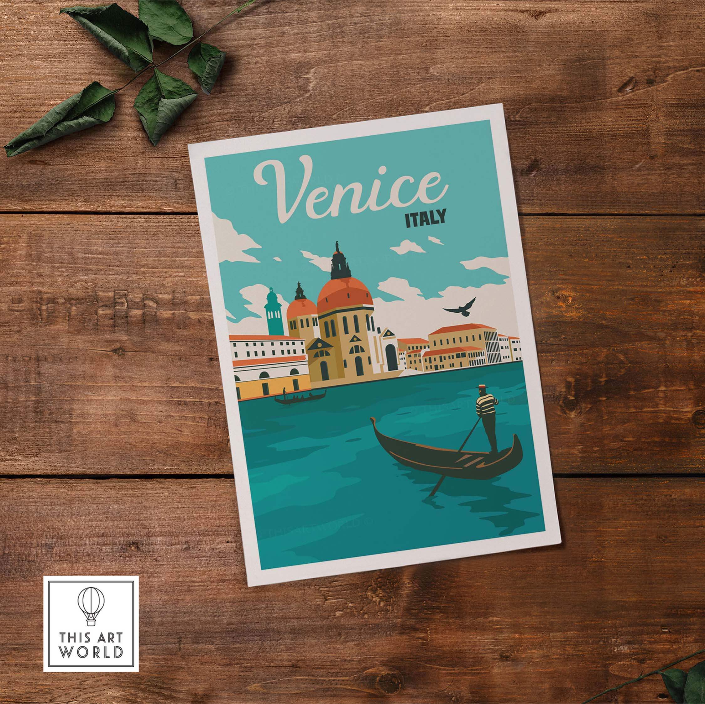 Vintage-inspired Venice poster wall art print featuring iconic architecture and a gondola on the water.