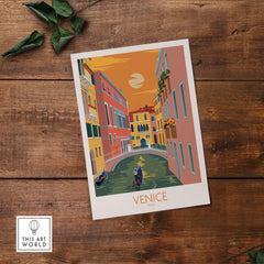 Venice travel poster art print featuring vibrant canals and colorful buildings, perfect for home or office decor.