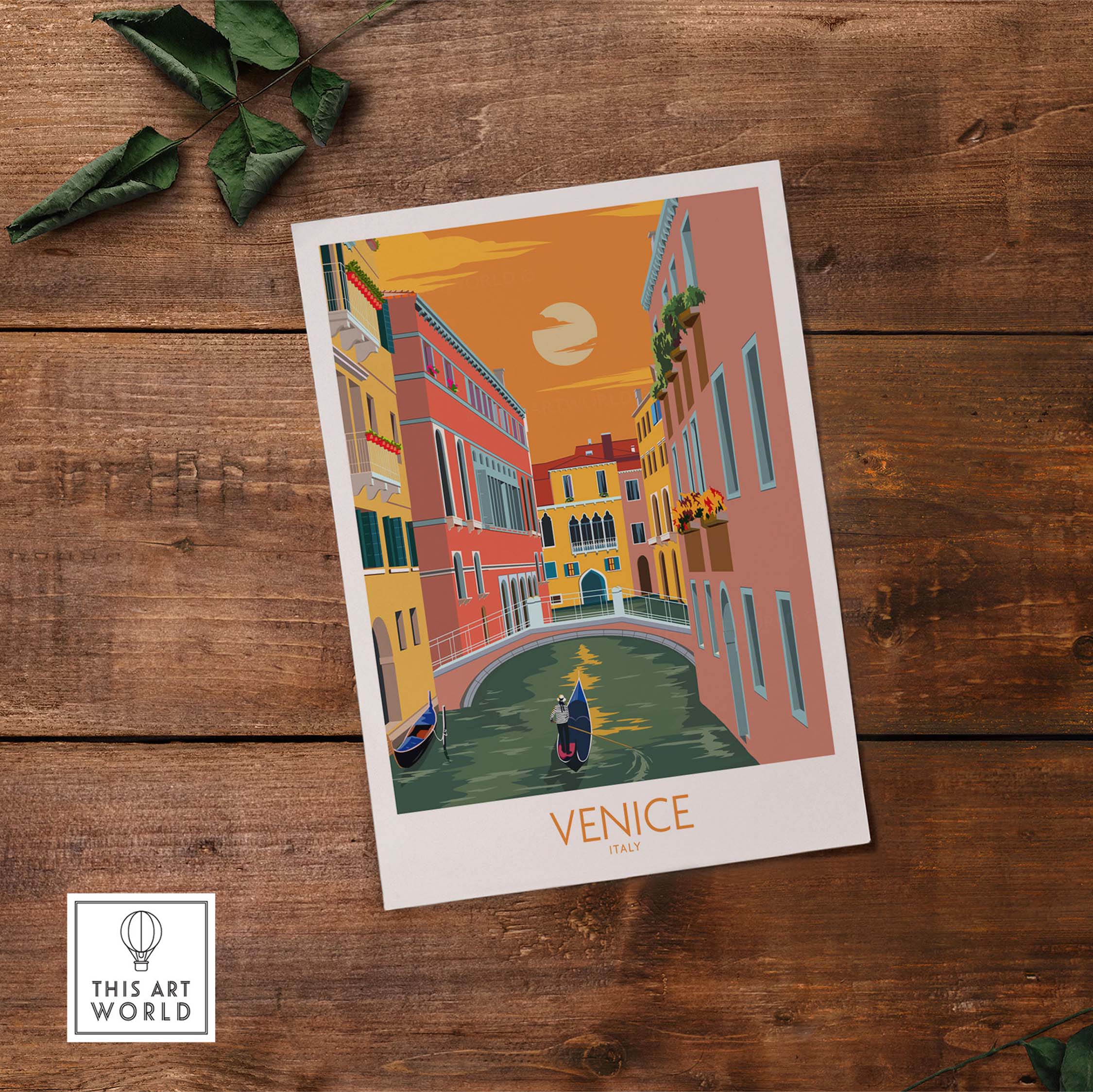 Venice travel poster art print featuring vibrant canals and colorful buildings, perfect for home or office decor.