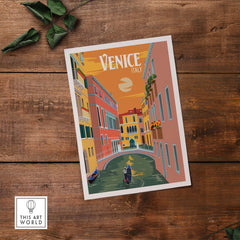 Vintage Venice Italy poster print showcasing a colorful canal scene, perfect for travel-inspired wall art.