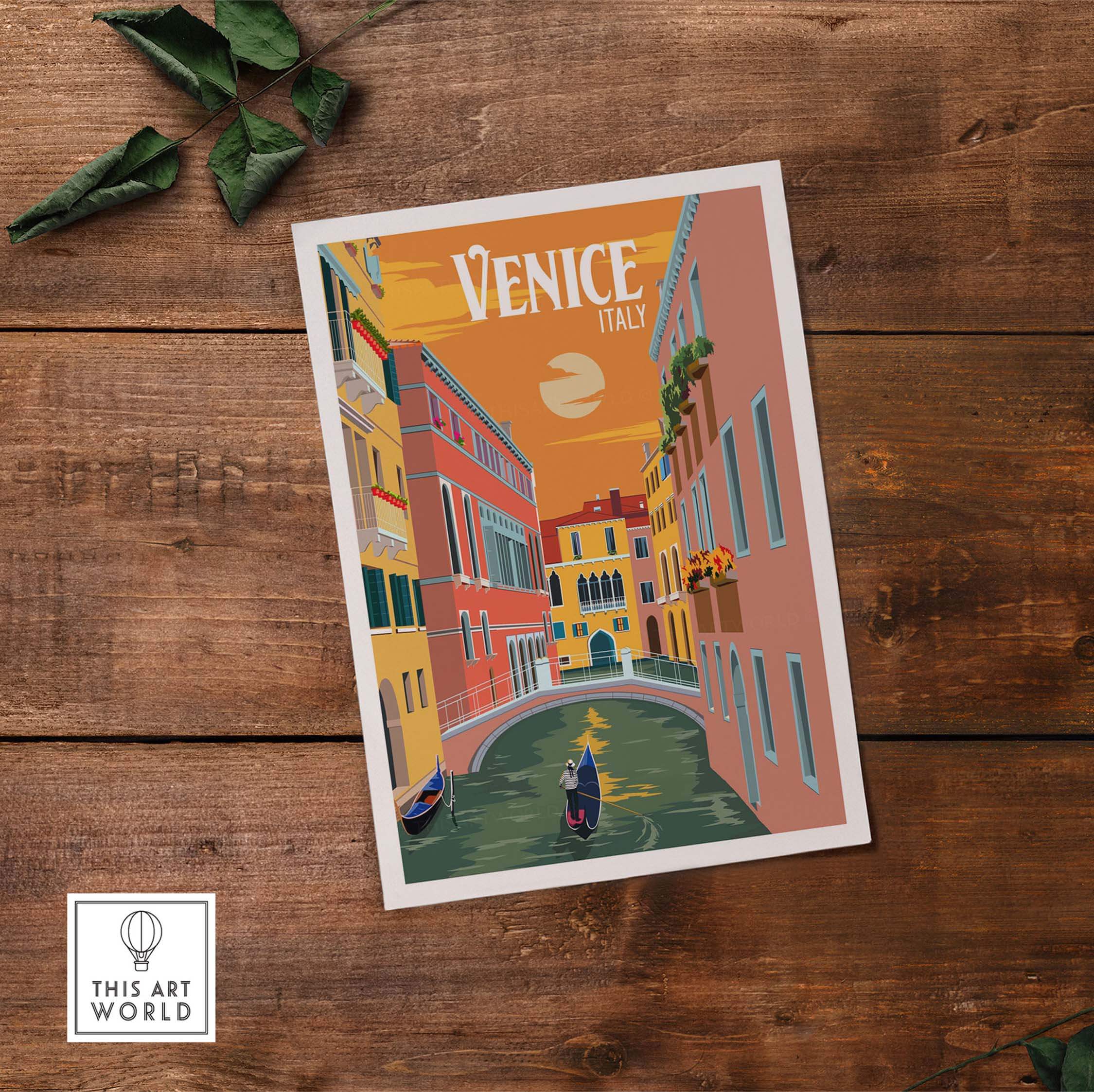 Vintage Venice Italy poster print showcasing a colorful canal scene, perfect for travel-inspired wall art.