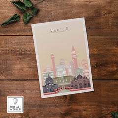 Venice city skyline print in pastel tones on wooden background, showcasing iconic architecture and charm.