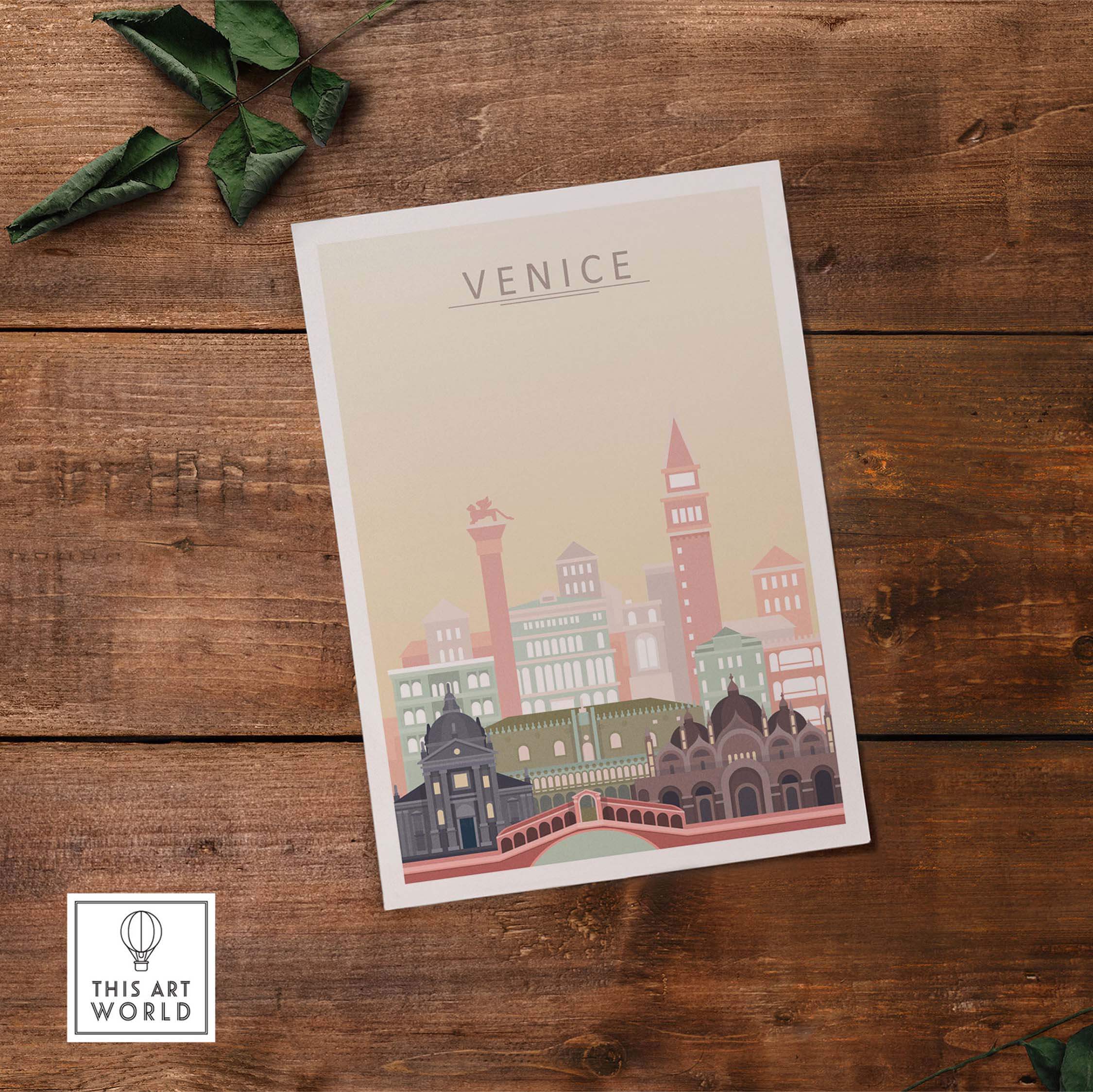 Venice city skyline print in pastel tones on wooden background, showcasing iconic architecture and charm.