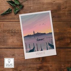 Venice print travel poster with a romantic sunset over gondolas and landmarks, ideal for home decor or office art.