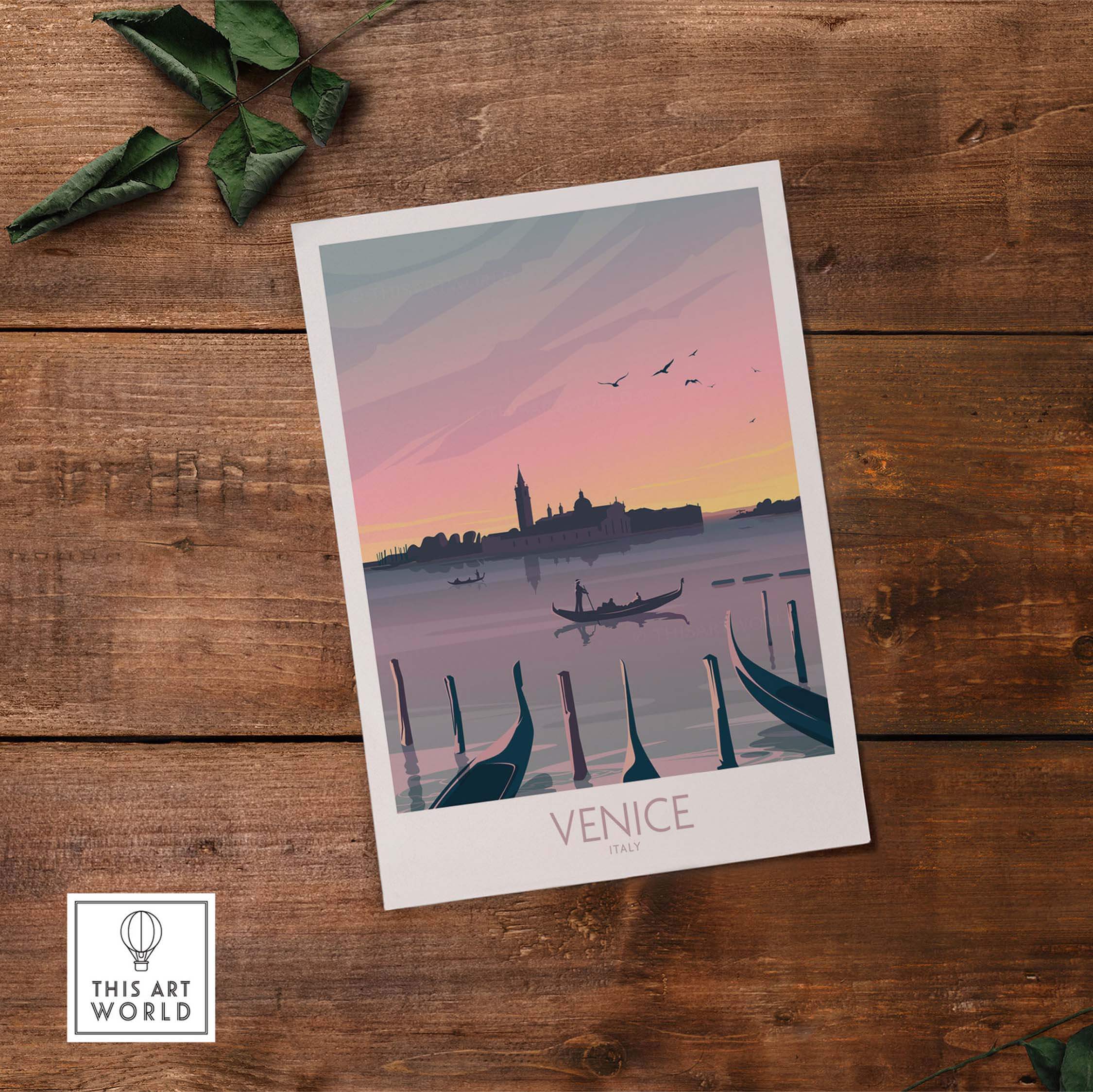 Venice print travel poster with a romantic sunset over gondolas and landmarks, ideal for home decor or office art.